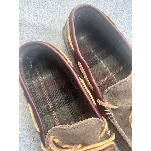 L.L Bean Mens SZ 9 Medium Handsewn Slippers Flannel Lined Tan Slip On Leather - Picture 5 of 12